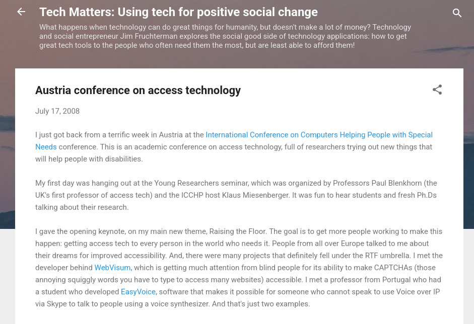 Benetech Blog post titled: Austria conference on access technology, featuring praise for the EasyVoice project.