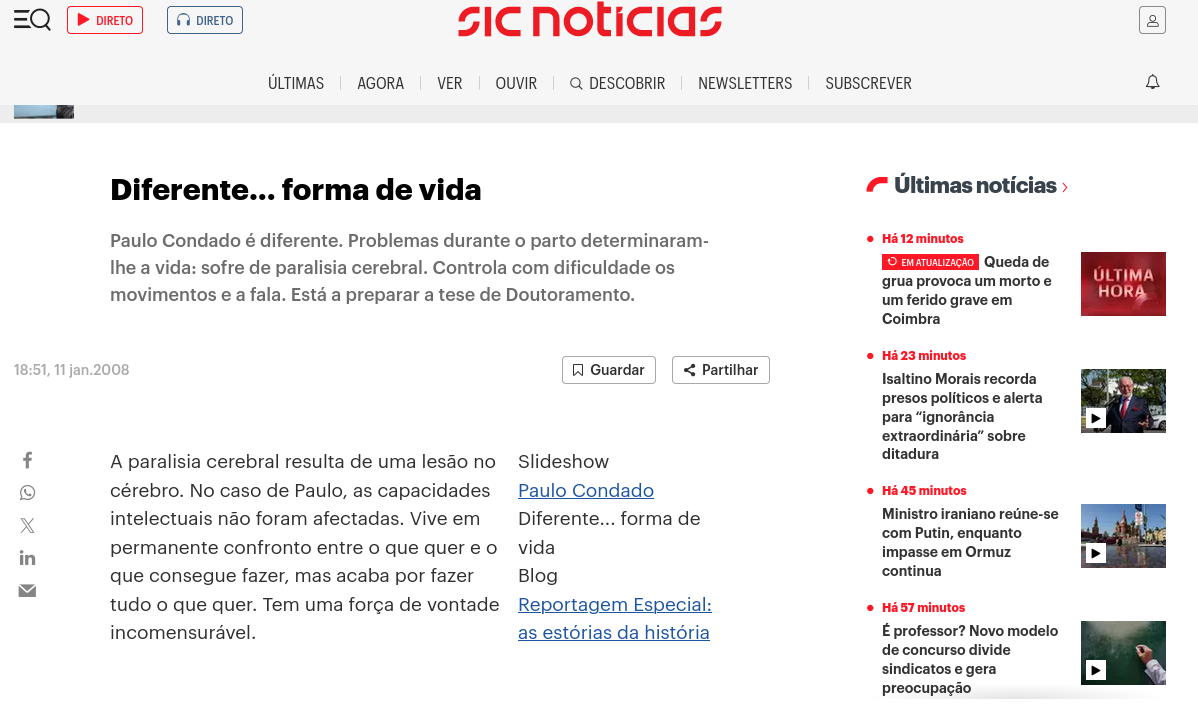 SIC TV news frame featuring the special report 'Diferente... forma de vida' about Paulo Condado.