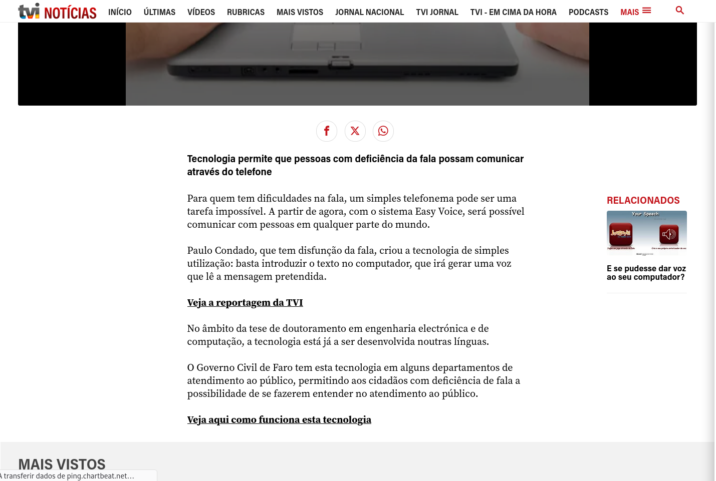 TVI news clipping featuring Paulo Condado and the EasyVoice project.